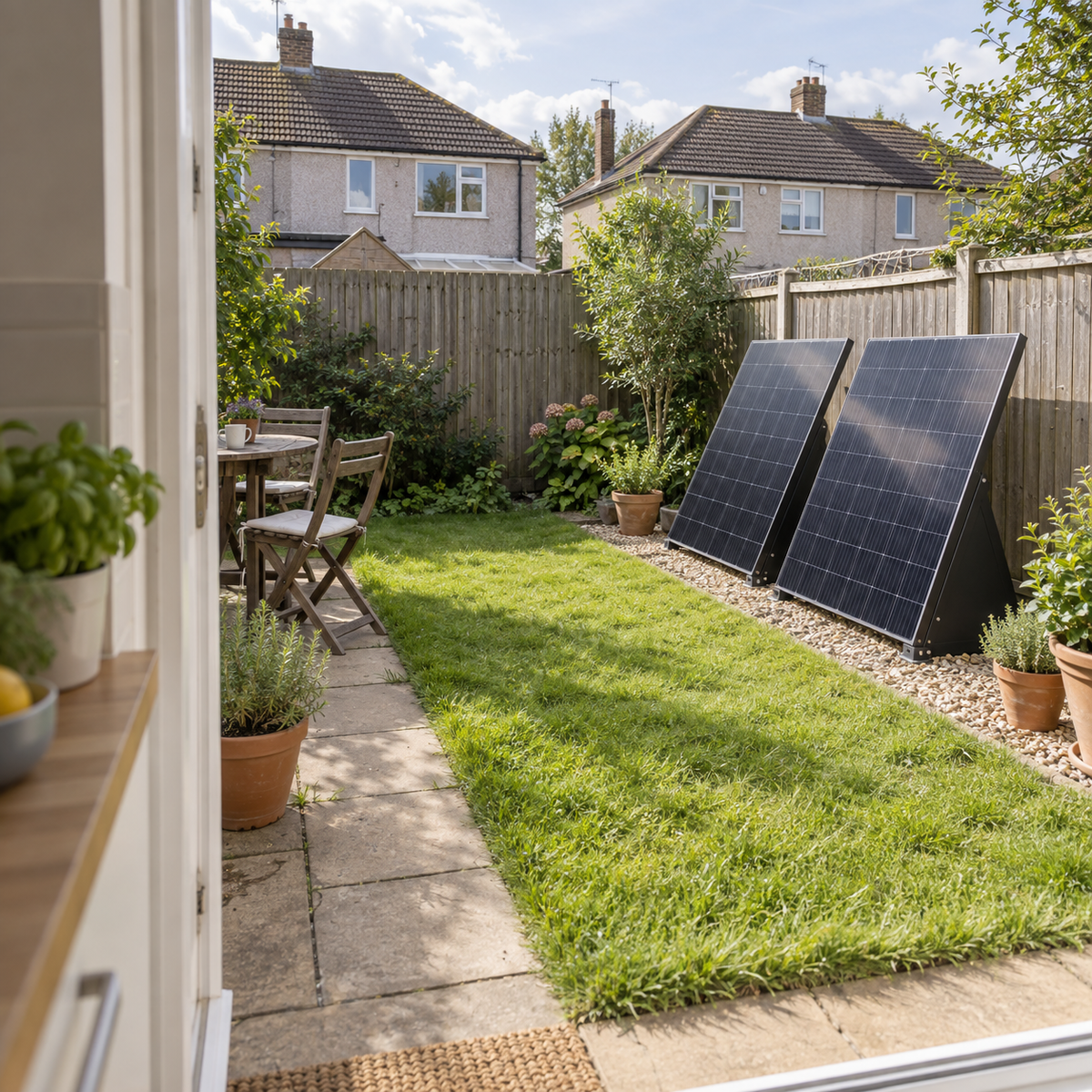 Illustration of two solar panels in a bright garden, viewed through an open kitchen door