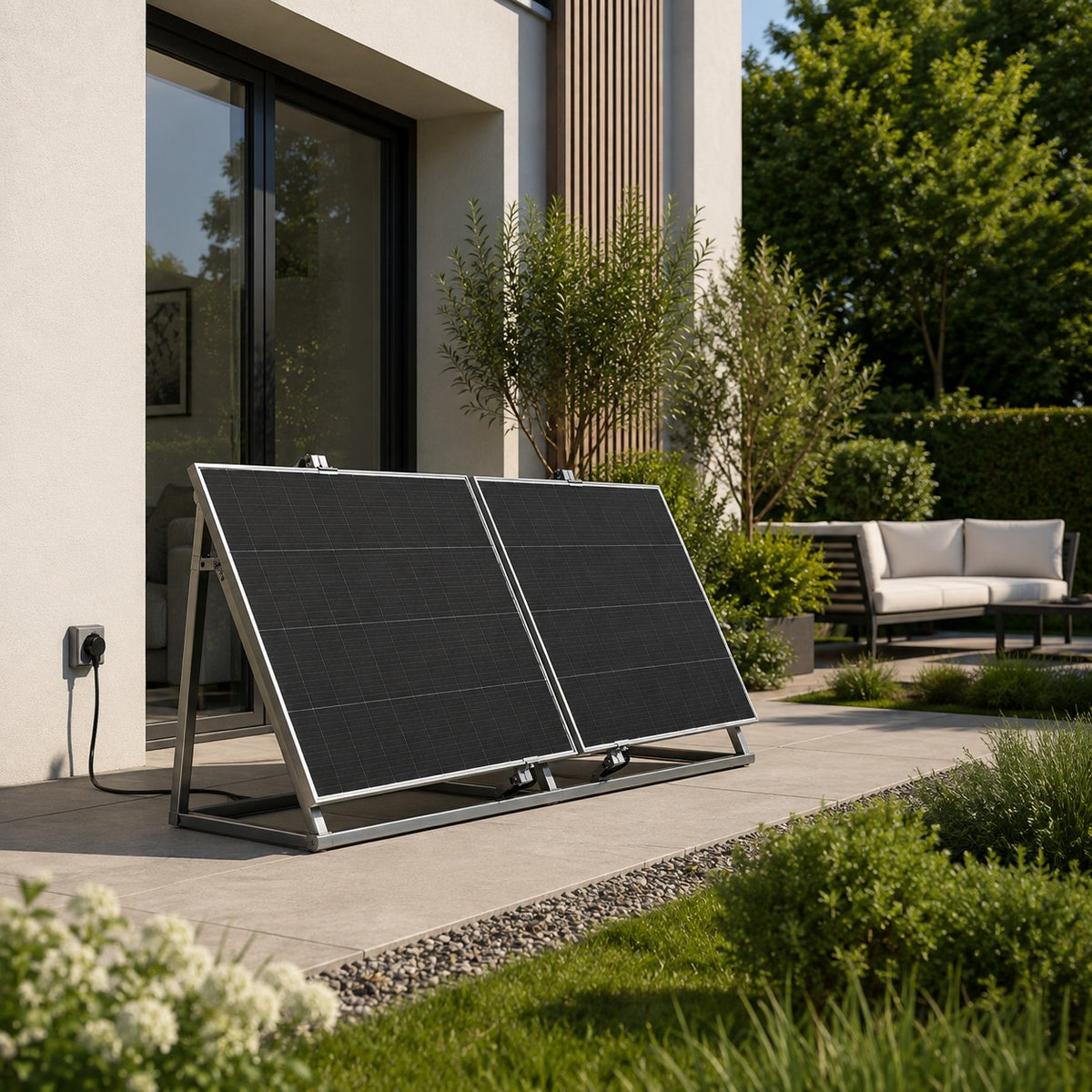 Solar XDS illustration of two solar panels beside a bright outdoor patio