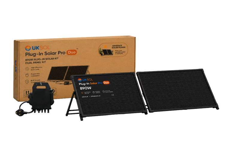 UKSOL Duo 890 kit with two panels, microinverter, ground frames and packaging