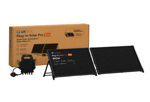 UKSOL Duo 890 kit with two panels, microinverter, ground frames and packaging